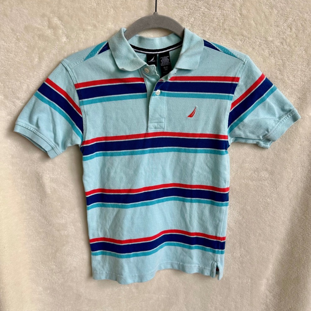 Nautica Boys Preppy Wide Stripe Polo Shirt Mint Blue Red Size 8